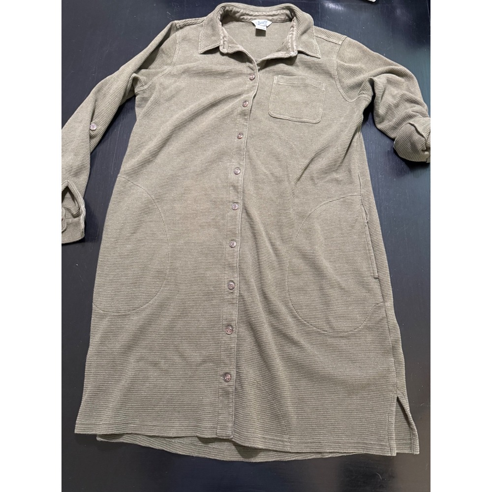 Duluth Trading Co Womens Olive Green Waffle Knit Button Front Shirt Dress Large